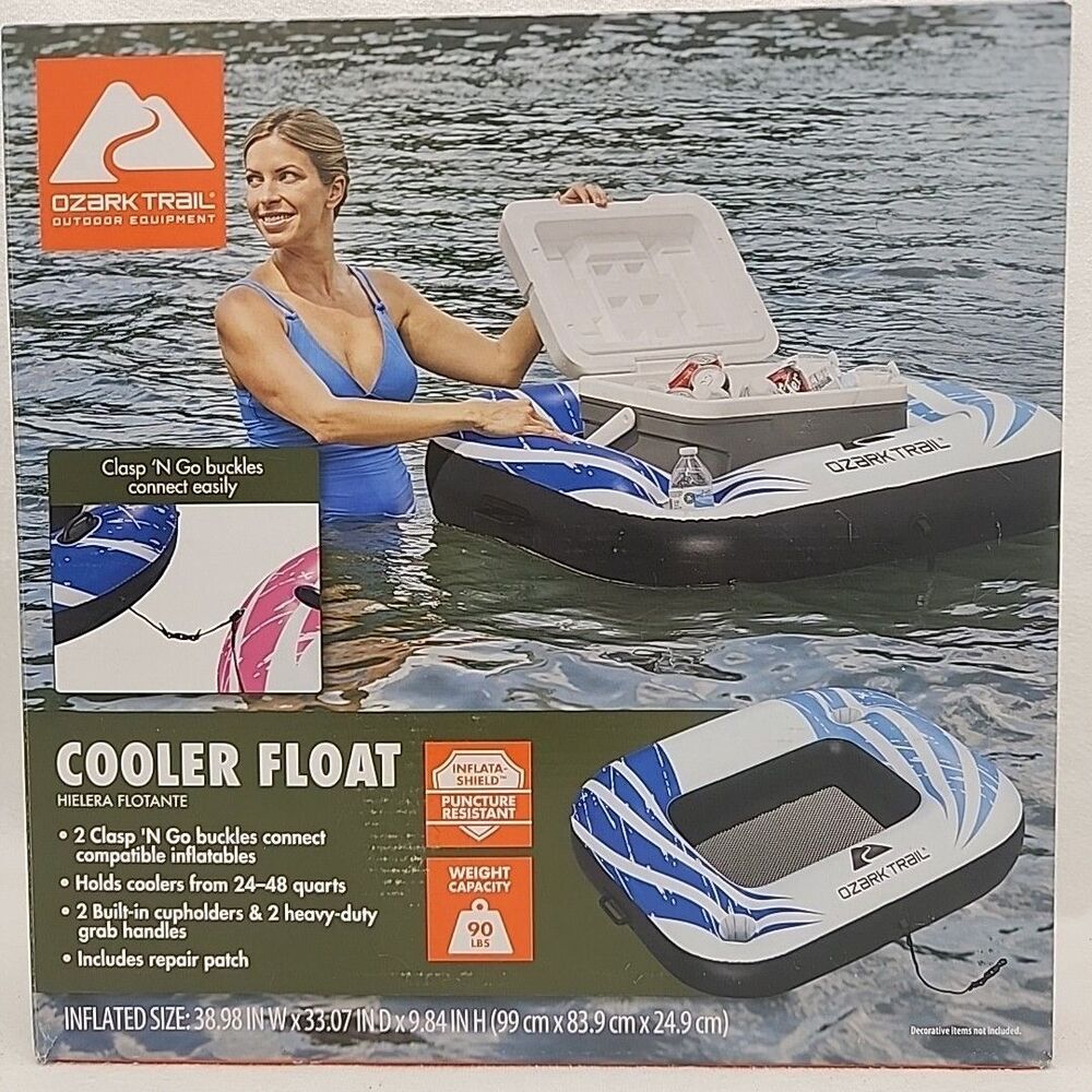 Raft Inflatable Cooler Float Holds 24-48 Quart Cooler Ozark Trail Buckles Cup